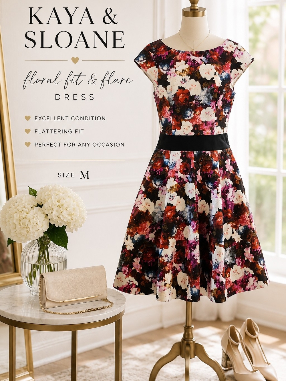 Kaya & Sloane Floral Fit & Flare Dress Multicolor Black Waist M